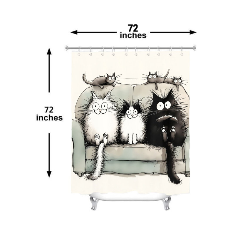 Rideau de bain avec crochets, motif de chats, style encre, 183 x 183 cm