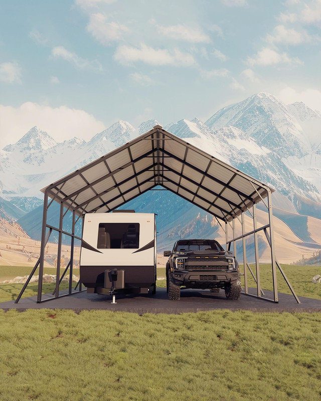 20x20 ft Metal Carport Kit with 120° Steep-Pitch Vertical Roof - High-Clearance Shelter for RVs, Tractors, and 2 Cars - Heavy-Duty Reinforced Steel Frame with Efficient Snow and Rain Shedding