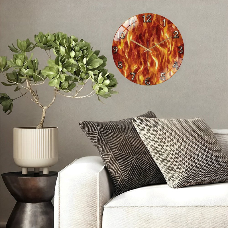 Fire Background Clock Numbers Art - 12'' Modern Glass Wall Clock