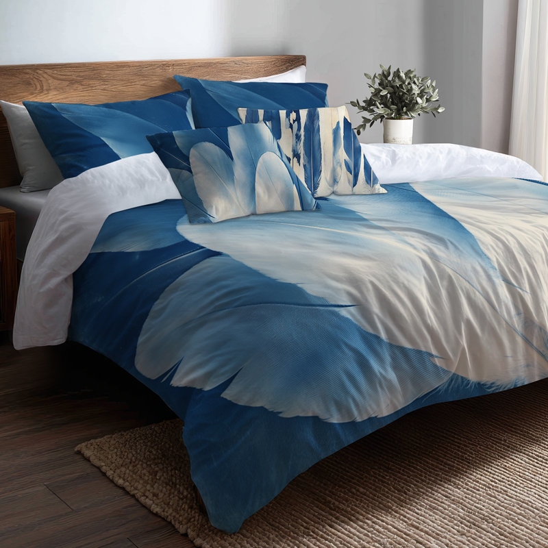 Ensemble de literie 5 pièces Feathers in Prussian Blue - Housse de couette et coussin décoratif