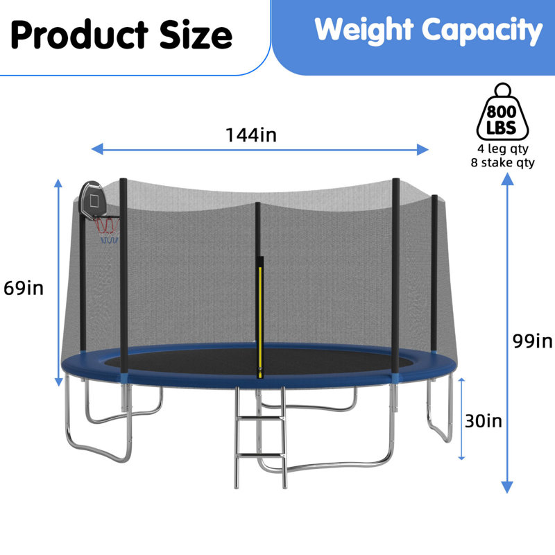 Blue 14FT Round Trampoline with Enclosure and Basketball Hoop