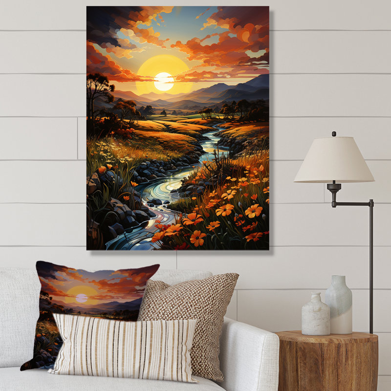 " Meadow Stream At Sunrise ", Black Picture Framed, 20" H x 12" W