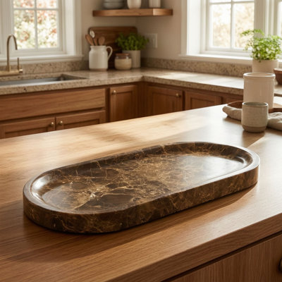 Genuine Natural Marble Oval Tray, Dark Brown Stone Vanity Tray For Bathroom Countertop, Dresser, Kitchen And Home Décor