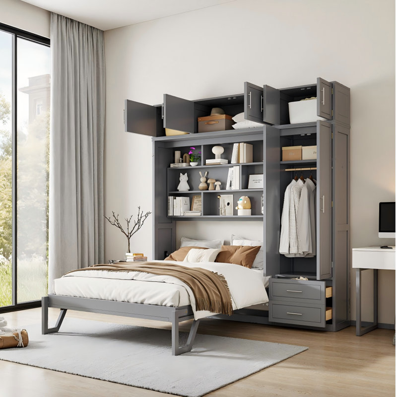 Grand lit escamotable mural avec 3 armoires supérieures, 3 tablettes, 1 armoire et 2 tiroirs - Lit pliant peu encombrant de couleur grise