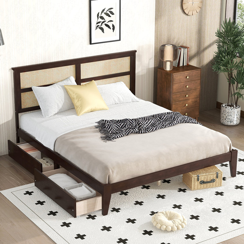 King Size Bed with Rattan Headboard, Two Storage Drawers, Rubber Wood Bed with Enhanced  Support Slats and Feet,Espresso