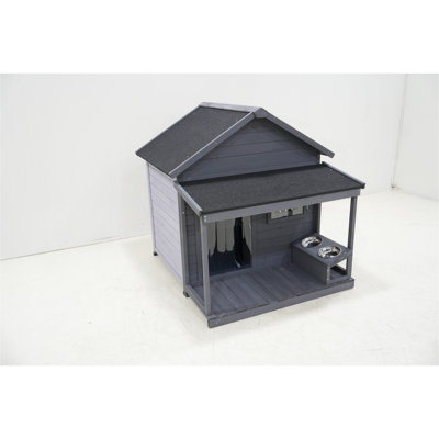 Grande niche pour chien, longueur 44,2 po x largeur 44,6 po x hauteur 44,6 po, niche en bois massif avec grande terrasse, grande maisonnette résistante aux intempéries, tapis de nettoyage, bol d'alimentation