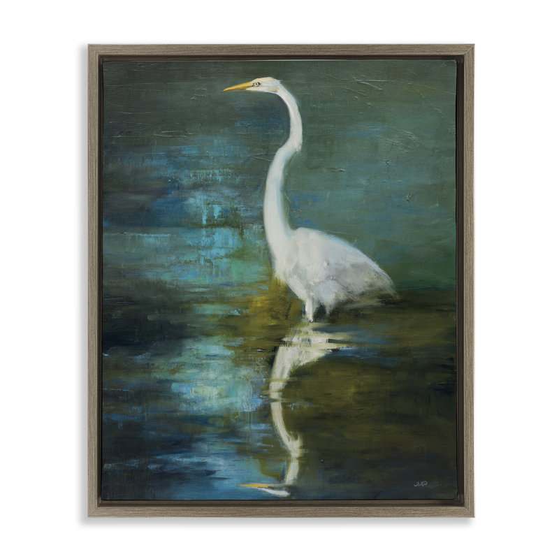 "Nautical Bird Lake Reflection", art mural encadré par Julia Purinton, Cadre flottant gris lustré, H 31 po x l 25 po