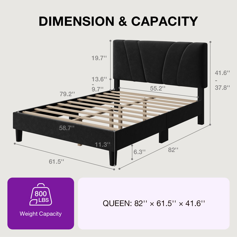Lit plateforme tapissier avec tête de lit ajustable, Grand lit, Velours noir, Tête de lit réglable