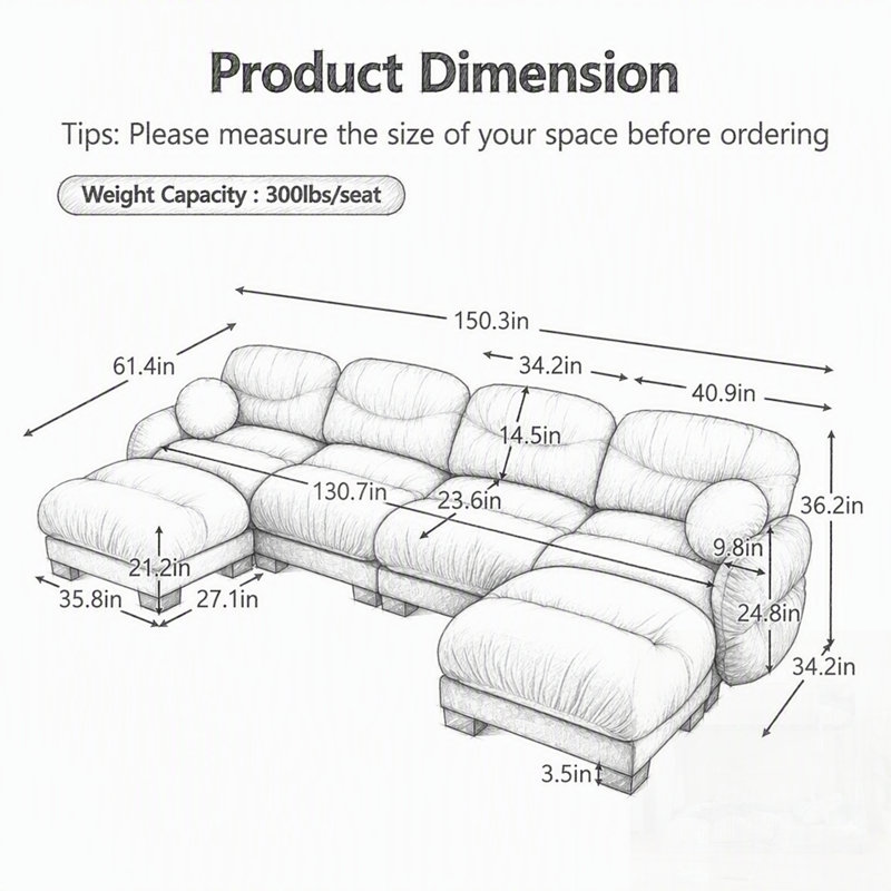 Canapé d'angle modulaire 4 places en tissu chenille confortable au design plissé, avec mousse ergonomique haute densité, 2 poufs et coussins ronds.