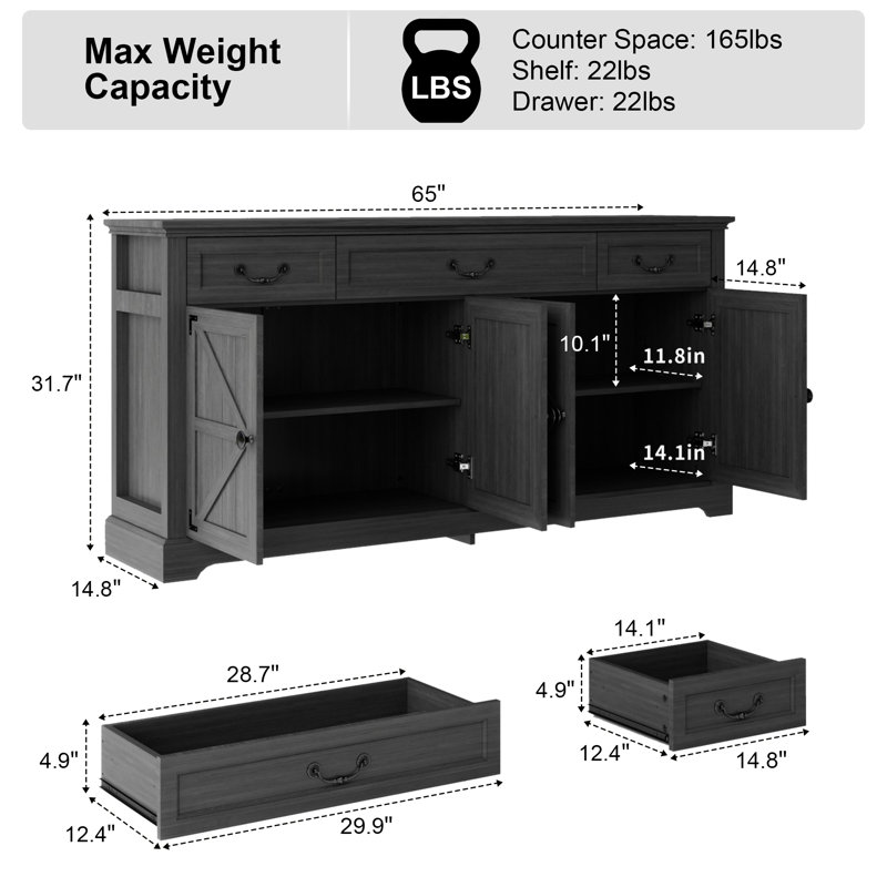 65-Inch Rustic Farmhouse Sideboard Buffet Cabinet | 4 Doors 3 Drawers | Adjustable Shelves | Coffee Bar & Storage for Dining Room, Living Room or Entryway