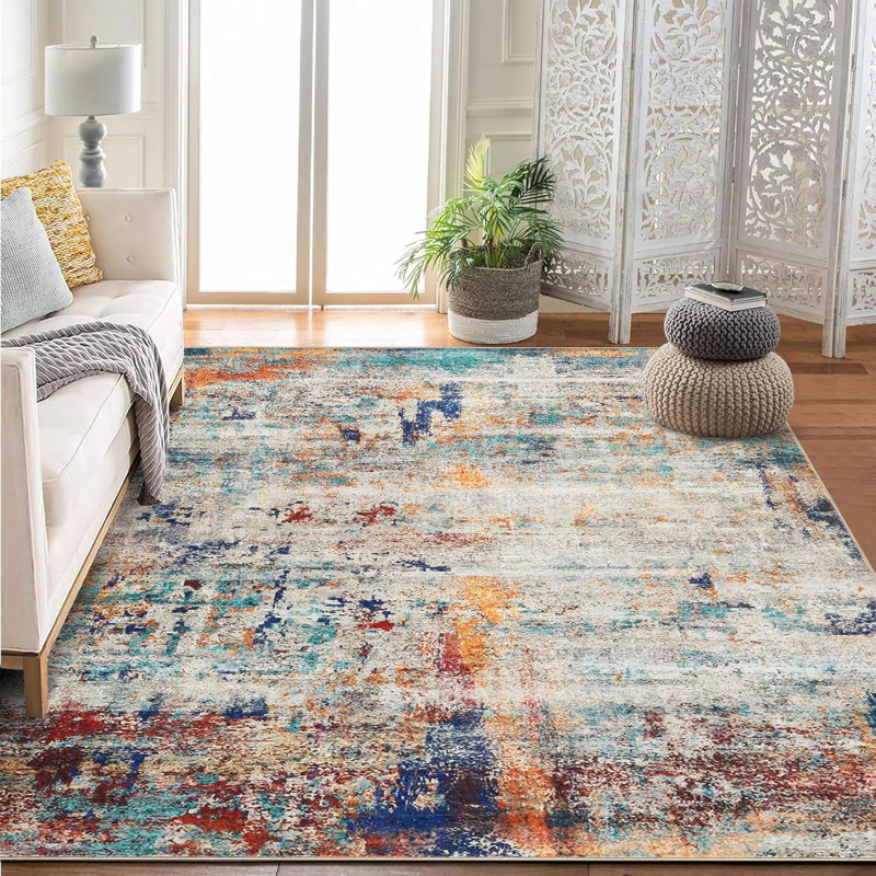 Washable Area Rugs  Non-Slip Modern Abstract Soft for Living Room Entryway Bedroom, Print Pattern, Teal Blue Orange Rust Red Coloreful