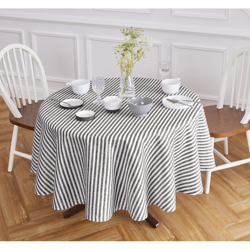 Amalfi Stripe - 100% Pure Linen Round Tablecloth, 70" Round, Black/White