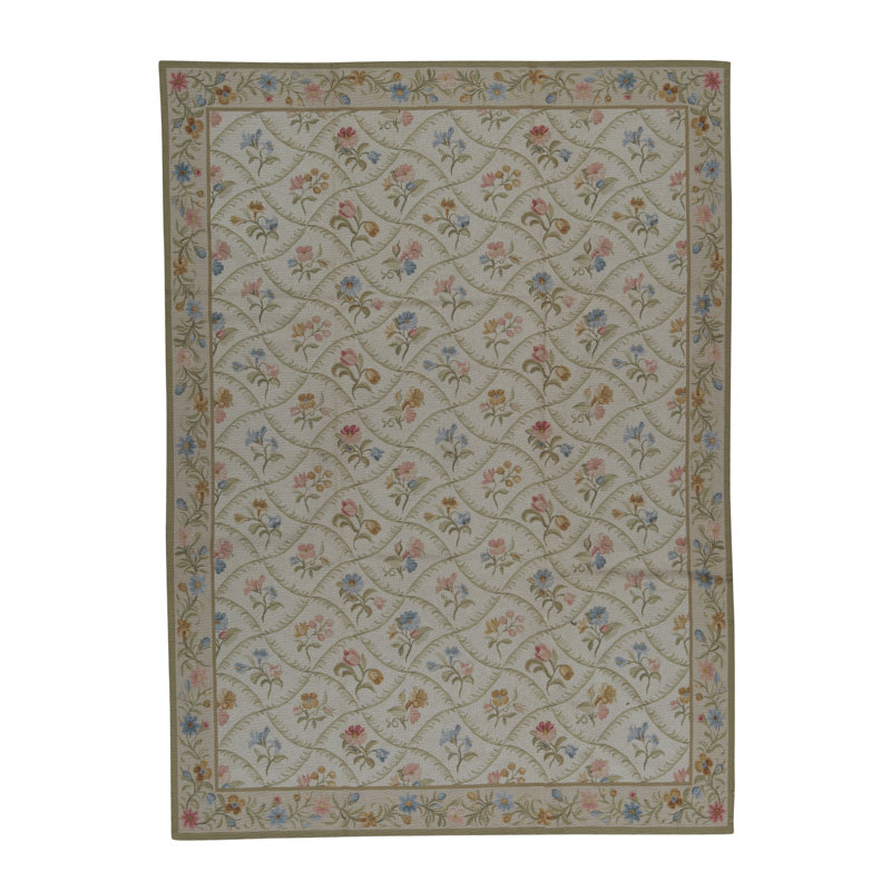 Tapis floral ivoire / rose / vert en laine noué à la main Needlepoint