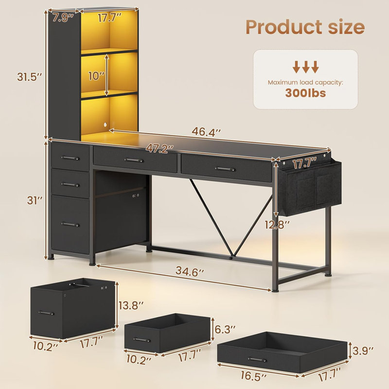 Barbarino Computer Desk With 5 Drawers And Bookshelf Led Lights For Small Spaces, Black/Black