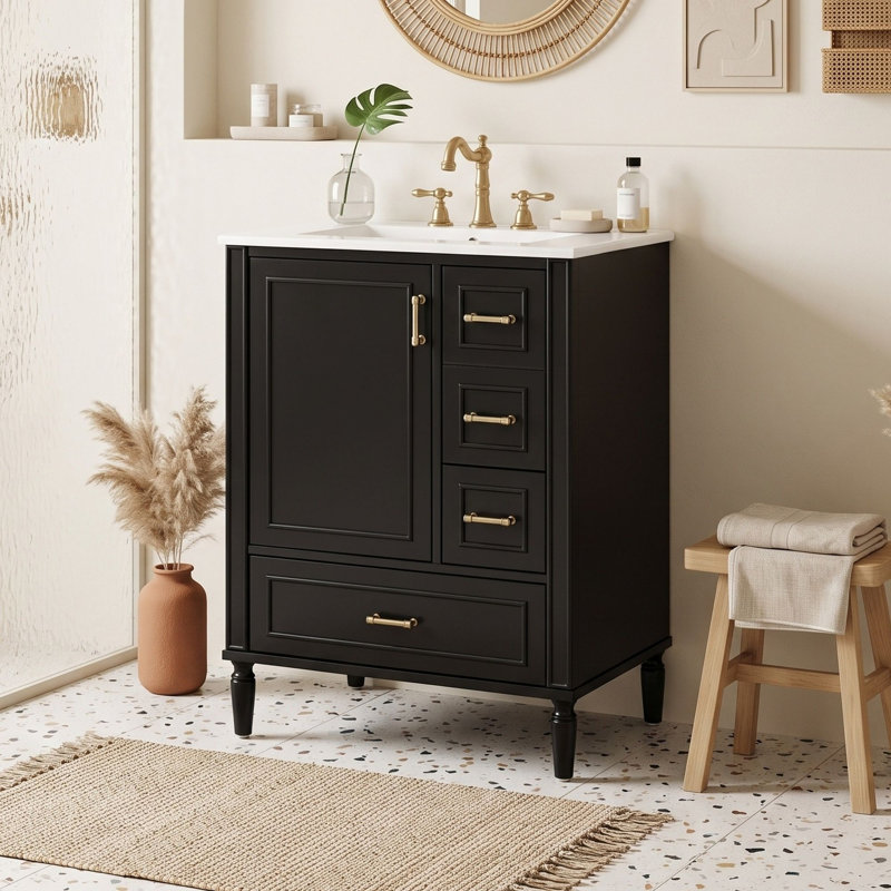 Meuble-lavabo autoportant peu encombrant avec lavabo en céramique, porte à fermeture en douceur et tiroirs de rangement, Noir