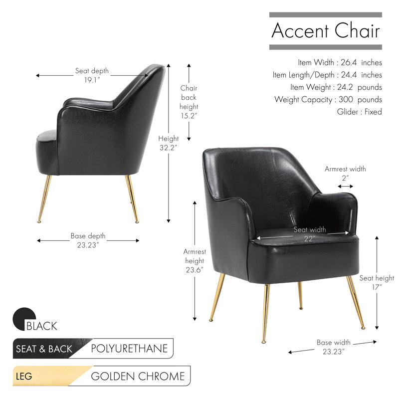 Fauteuil d'appoint 26,4 po Deckland Naglee, Similicuir noir