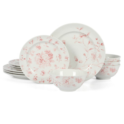 Martha Stewart Empress Bouquet 12 Piece Decorated Porcelain  Dinnerware Plates And Bowls Set - Pink Floral