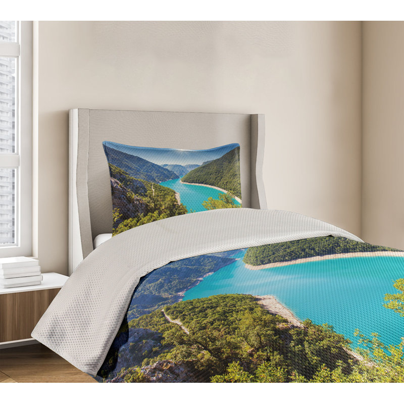 King Size Forest Green and Sky Blue Quilted Bedspread Set
