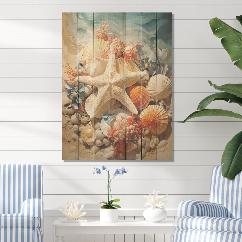 Étoile de mer sur la plage II - Tropical côtier sur bois, H 20 po x l 10 po
