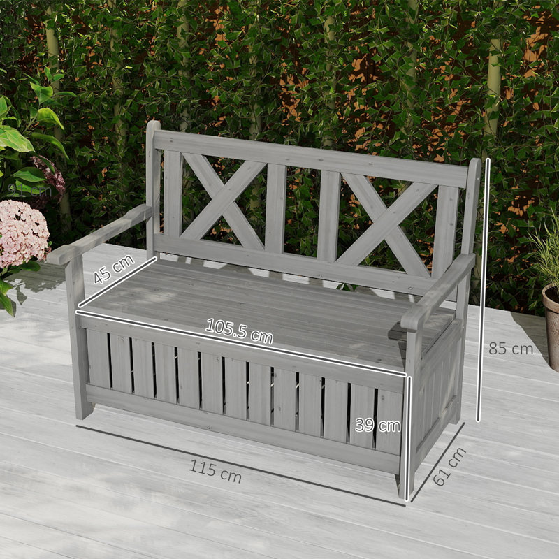 Outsunny Wood Garden Bench 2 Seater Storage Chest High Back Charcoal Grey