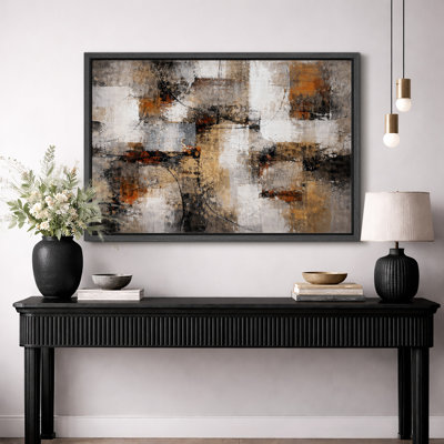 Abstract Earth Tone Geometric Grid Composition Artwork, Modern Living Room Pictures, Framed Canvas Giclee Print Wall Art