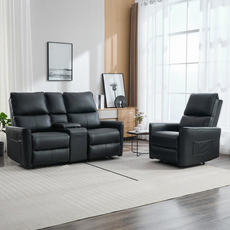 Shellenbarger 3 Seater Faux Leather Reclining Sofa, Black