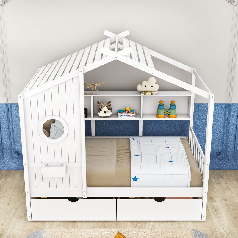 Wooden House Bed With Roof Design, Built-In Storage Shelves And Drawers, White, Twin