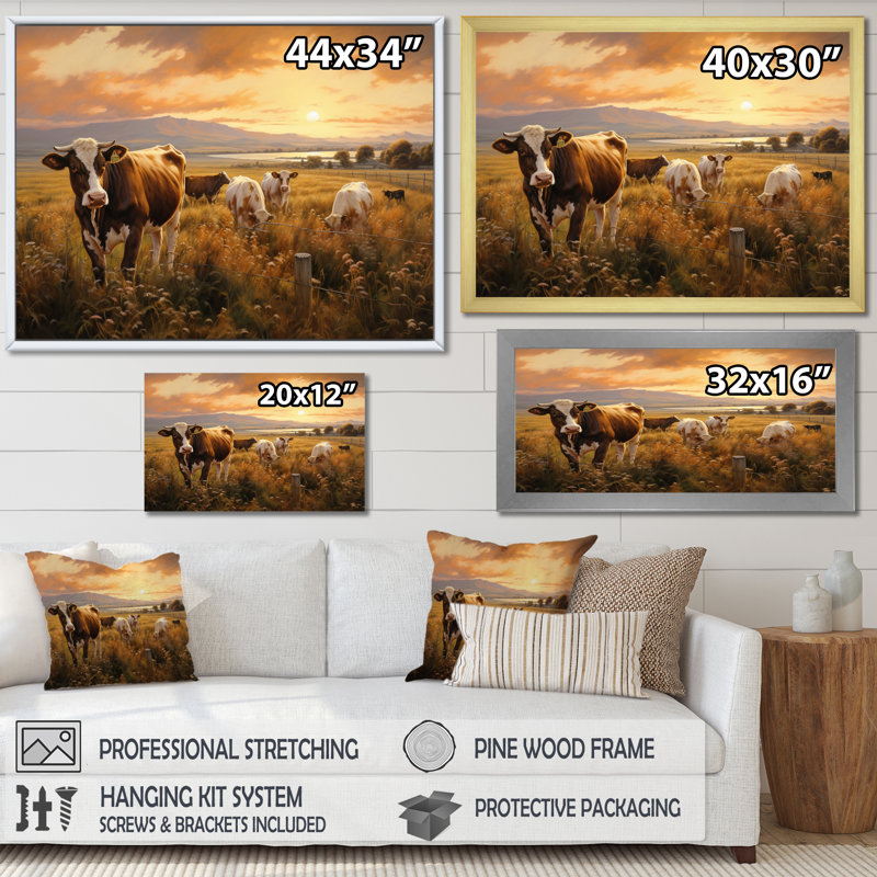 Cows At Farm Landscape V - Animaux, art mural sur toile, H 34 po x l 44 po x P 1,5 po, Cadre flottant doré
