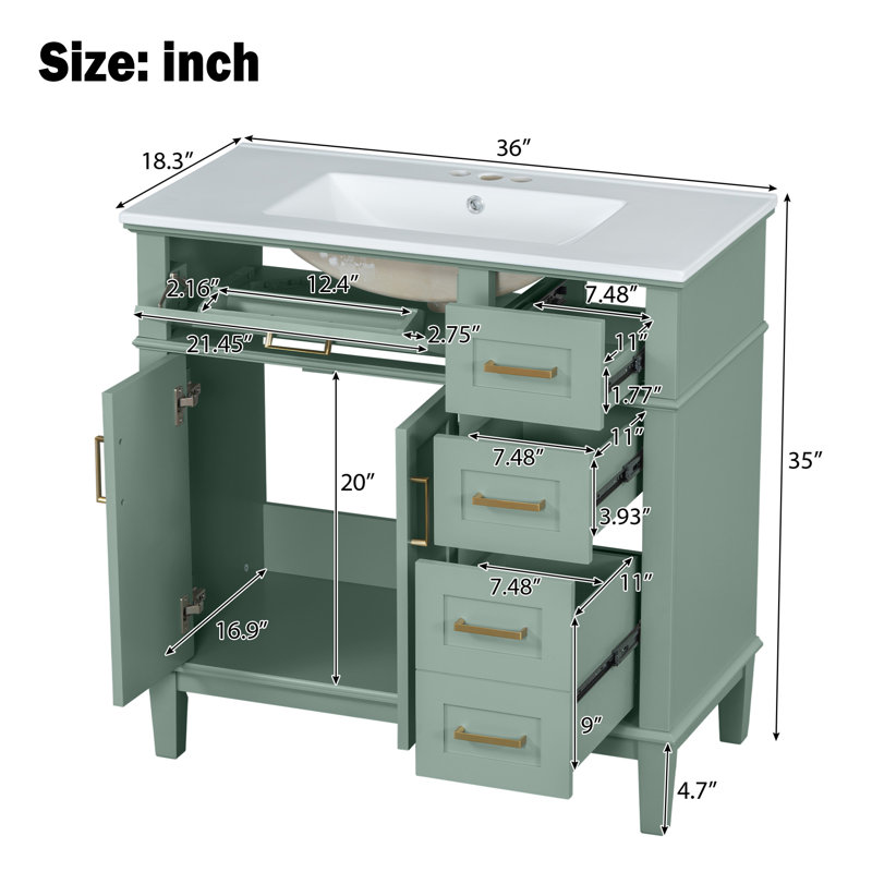 36'' Single Bathroom Vanity with Ceramic Top, Green