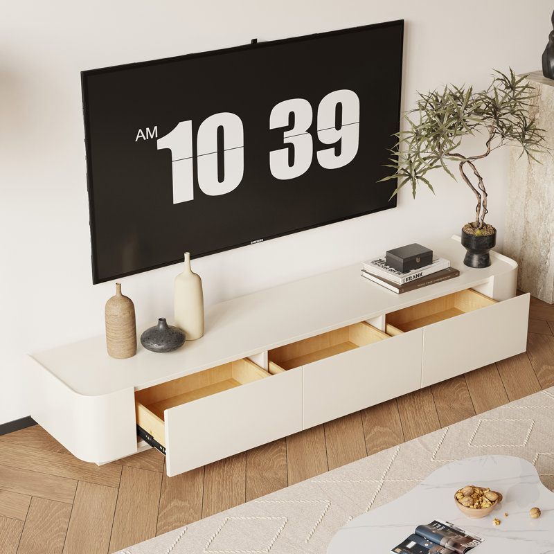 Minimalist Floor TV Stand, No Assembly Required, Long Media Console with Hidden Storage Drawers, 70.86”L, White