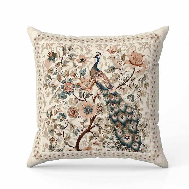 Coussin intérieur / extérieur Peacock Kalamkari, H 18 po x l 18 po