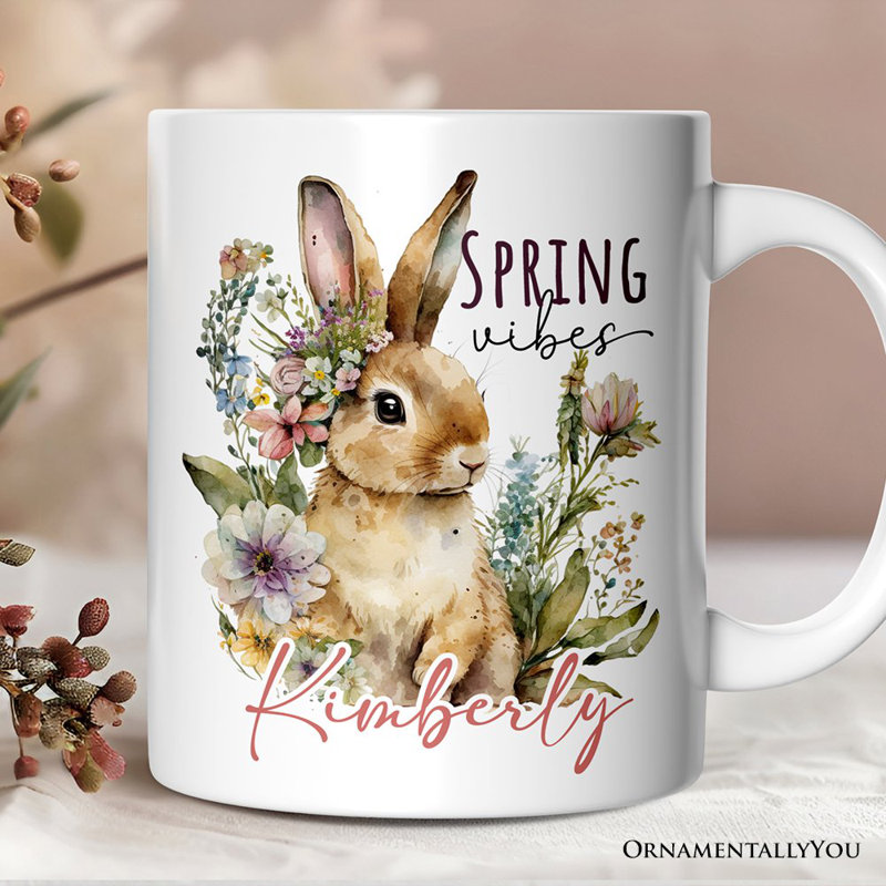 Tasse artistique à ressorts aquarelle, cadeau personnalisé de lapin floral avec nom
