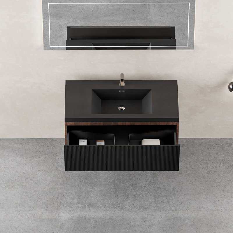 Meuble-lavabo flottant avec lavabo, Noyer, Noir, 35"
