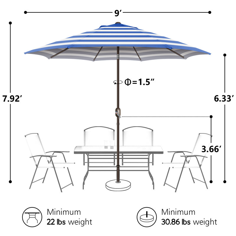 Parasol de marché 108 po avec fonction de levage à manivelle et inclinaison Selest, Bleu / blanc