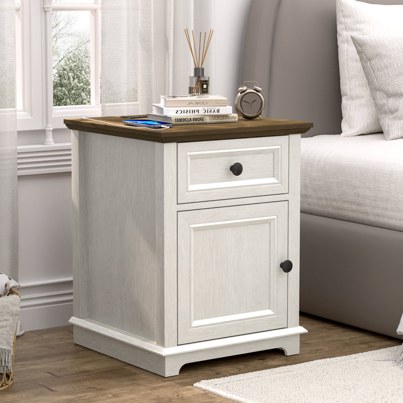 Azella 1-Drawer Frame End Table Set with Storage and Built-In Outlets, White/Brown