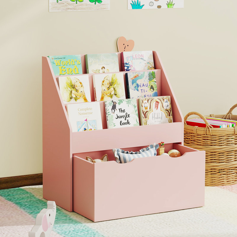 AIYAPLAY Kids Bookshelf Bookcase Storage Organiser, 3 Tier Shelves , Pink
