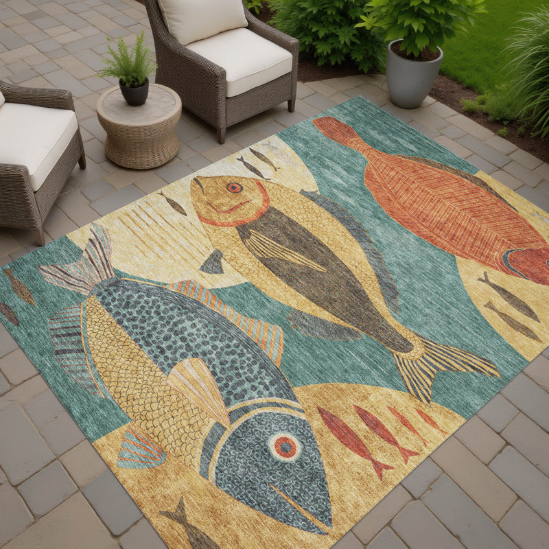 Machine Washable Indoor/Outdoor Chantille ACN2447 Coastal Rug, Teal, 10' x 14'