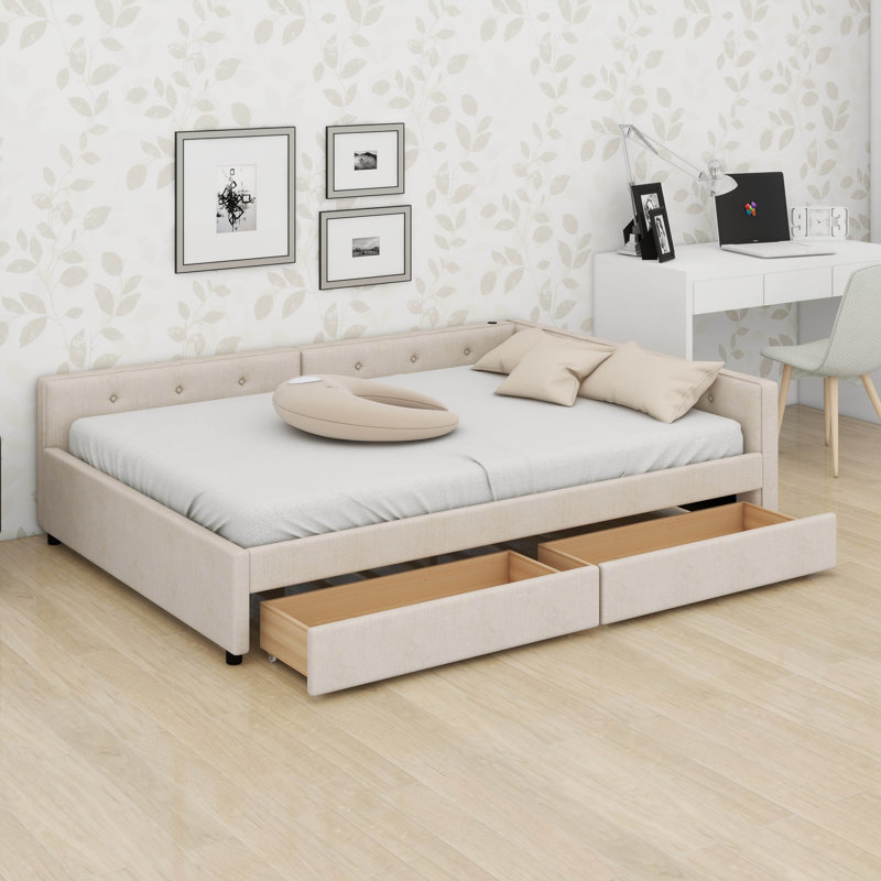 Daybed With Storage And USB, Modern Cloud Bed Frame With 2 Drawers, Linen Upholstered Platform Bed, Full