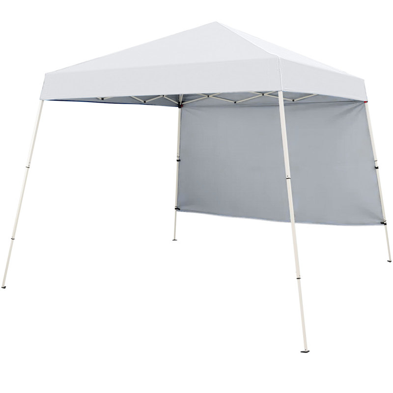 10 X 10ft Pop Up Canopy Tent With 1 Sidewall, Portable Backpack, 4 Stakes  Slant Leg , White