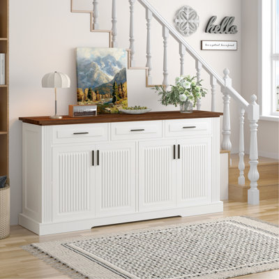Fluted Sideboard Buffet Cabinet With Storage, Modern Coffee Bar Station With 4 Doors And 3 Drawers, Kitchen Storage Console Table For Living Room Dining Room Entryway