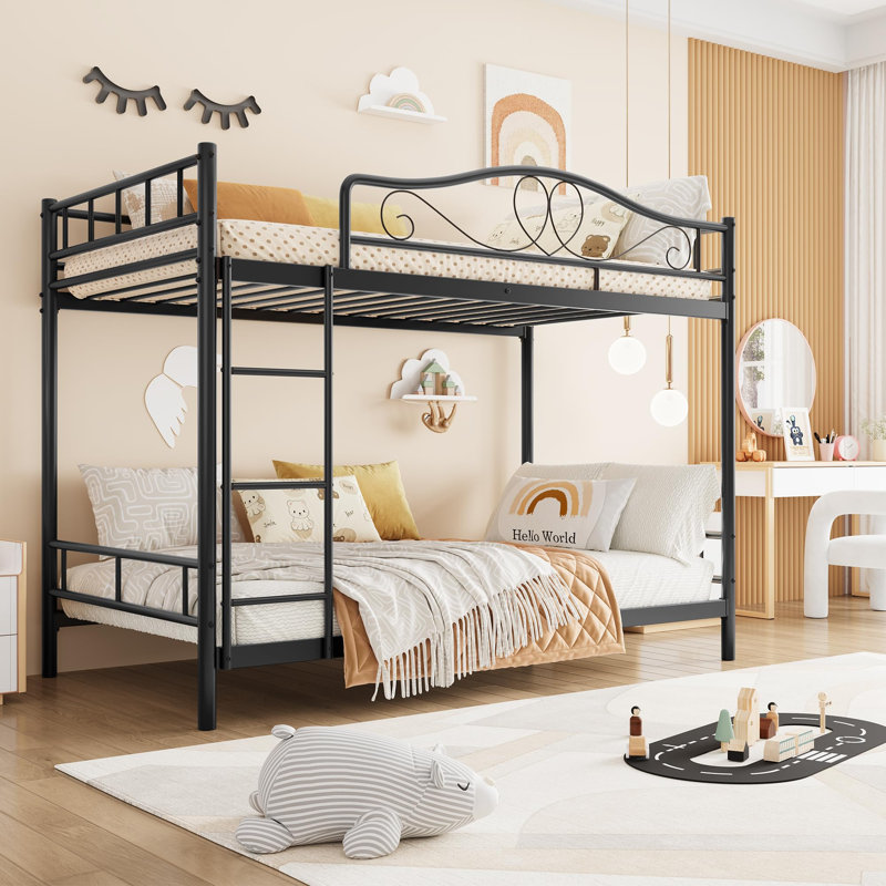 Lit superposé simple noir au-dessus de simple en métal avec échelle, structure robuste de 400 lb, barrières de sécurité complètes et support à lattes, lit pour enfant peu encombrant