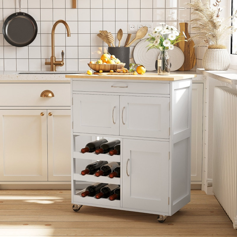 Kitchen Trolley, Rolling Island Storage Cart with Drawer, 9-bottle Wine Rack, Door Cabinets, Countertop 67*37*87 cm Rubberwood 1 Piece Kitchen Island White with Drawers