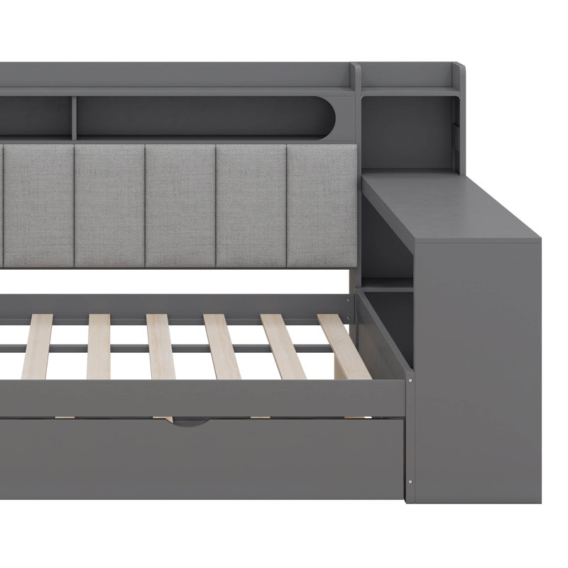 Full Size Daybed With Trundle,L-Shaped Storage Shelves And Desk,Wood Corner Bed With LED, Gray