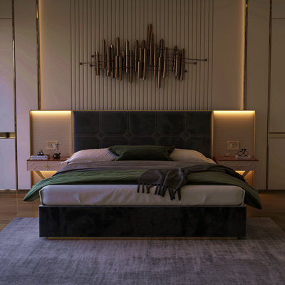 Luxueuse base de lit plateforme en K, tête de lit en velours recouverte de métal, 2 lampes murales et table de chevet encastrées, structure en métal robuste et en bois massif, aucun sommier nécessaire, noir haut de gamme