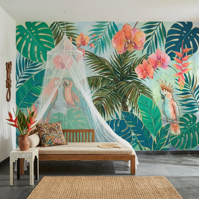 Papier peint tropical, aquarelle et feuillage de jungle, Texturé non collé, 200 po x 120 po