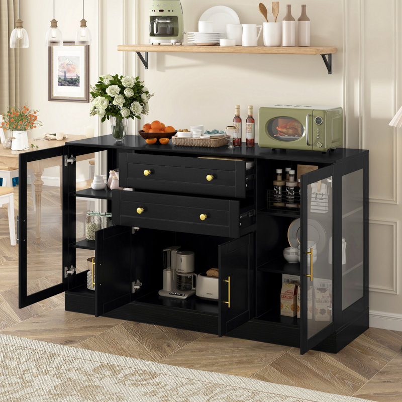 58.3" Modern Buffet Sideboard With 4 Doors & 2 Drawers, Adjustable Shelves, Power Outlet, Acrylic Panels, Aluminum Alloy Handles, Storage Cabinet For Dining Room, Living Room And Kitchen