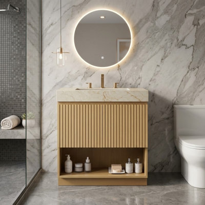 30-Inch Freestanding Bathroom Vanity with Cream Gold Vein Sintered Stone Top, Ceramic Basin and Three Pre-Drilled Faucet Holes