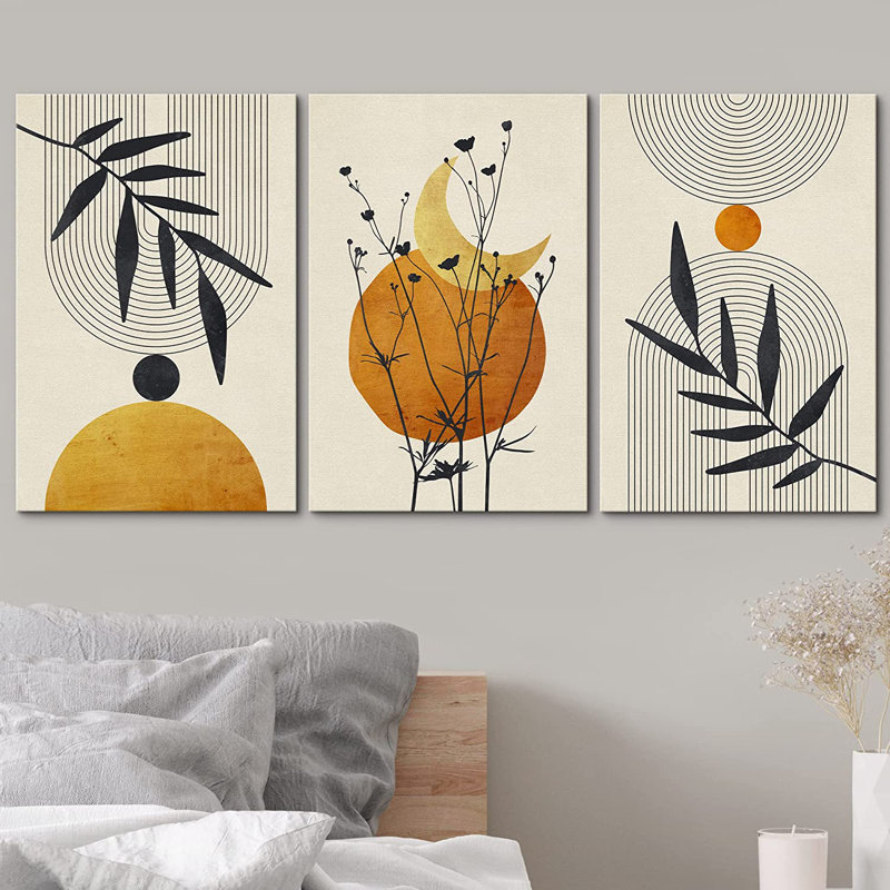 Mid Century Modern Boho Forest Leaf - 3 Piece Print Set on Canvas, Wrapped Canvas, 24" H x 48" W x 1.5" D