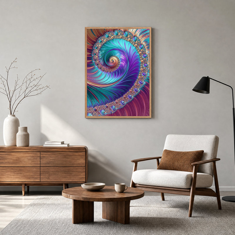 Tableau sur toile à motif fractal tourbillonnant turquoise et violet, H 48 po x l 32 po