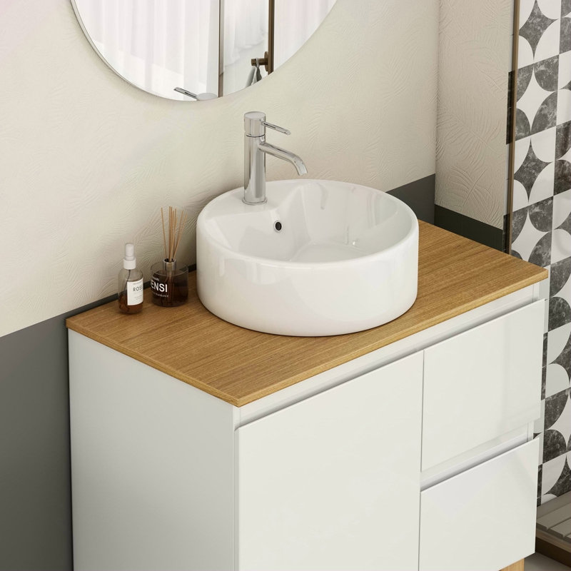 Vasque à poser ronde de 40 x 14,5 cm (15,7 x 5,7 pouces), en céramique blanche brillante, avec lavabo en céramique.